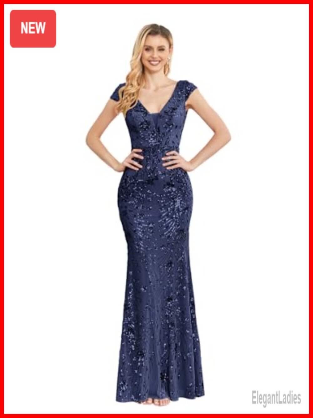 V-Neck Mermaid Evening Gown Cap Sleeve Sequin Embroidered Mesh Formal Dress